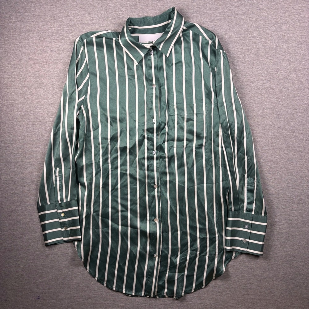 ASCENO Silk Striped Button Down Shirt Medium Green White Pyjama Style